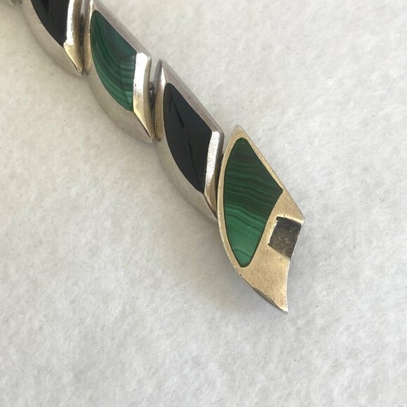 VTG 950 Silver Heavy Taxco Mexico Modernist Style Malachite Onyx Link Bracelet - Picture 11 of 16